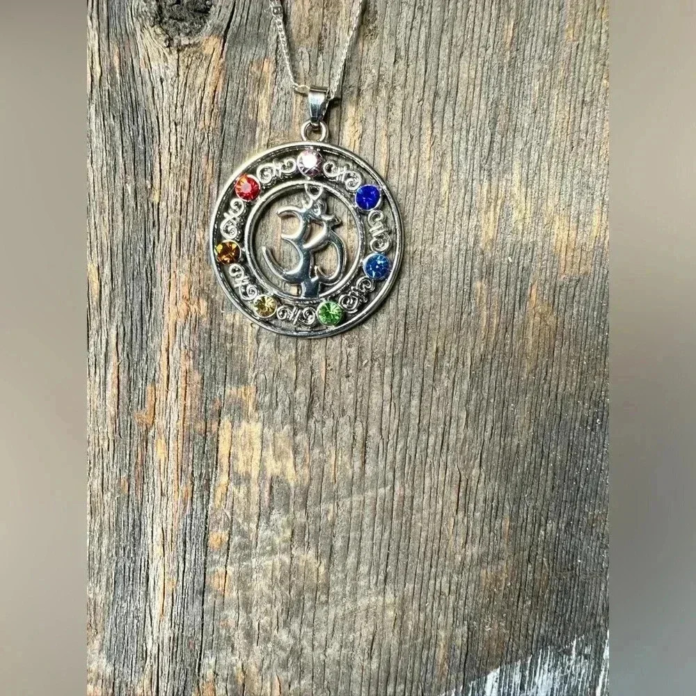 925 sterling silver chain,multi color stone pendant yoga Aum mediation - Picture 9 of 16
